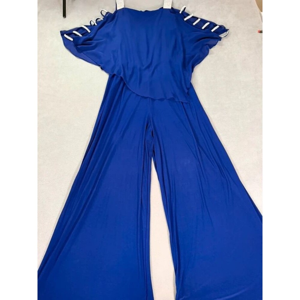Chaus New York Women's Blue/ Rhinstones/Asymetrical Formal One Piece Pantsuit-1X